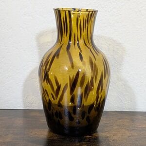 VTG Amber Glass Vase Tortoiseshell Swirl Pattern Art Glass Decor Handmade